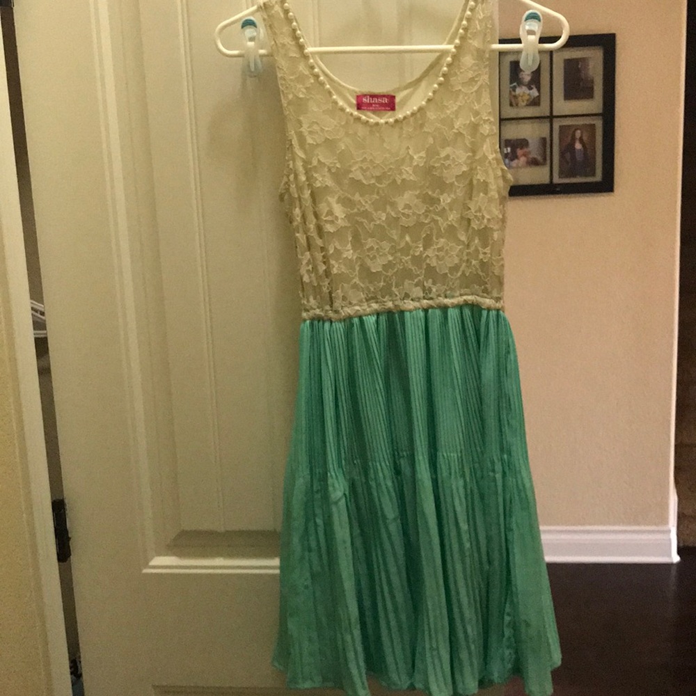 Lacy Teal and White Pleated Dress With Pearls